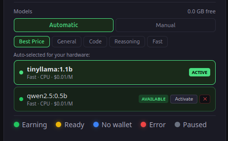 Owlrun dashboard — model browser with category filters, active and available models