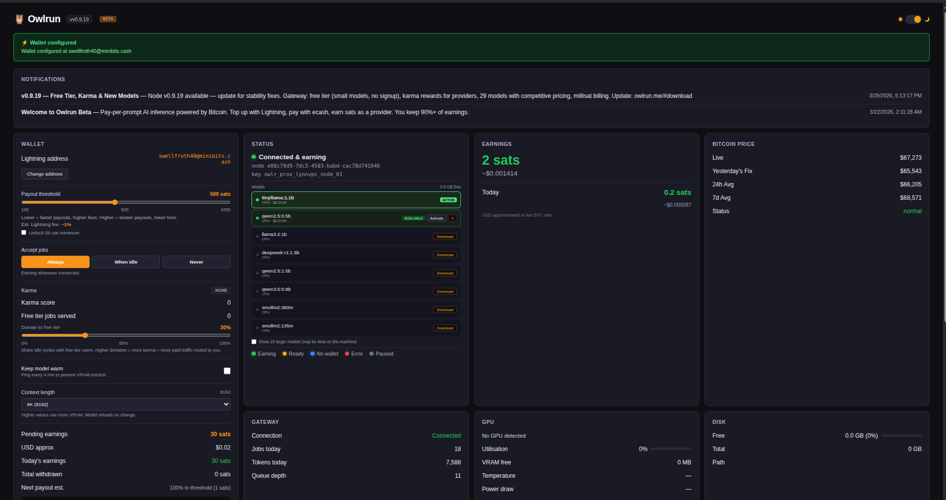 Owlrun dashboard — wallet, models, earnings, GPU stats